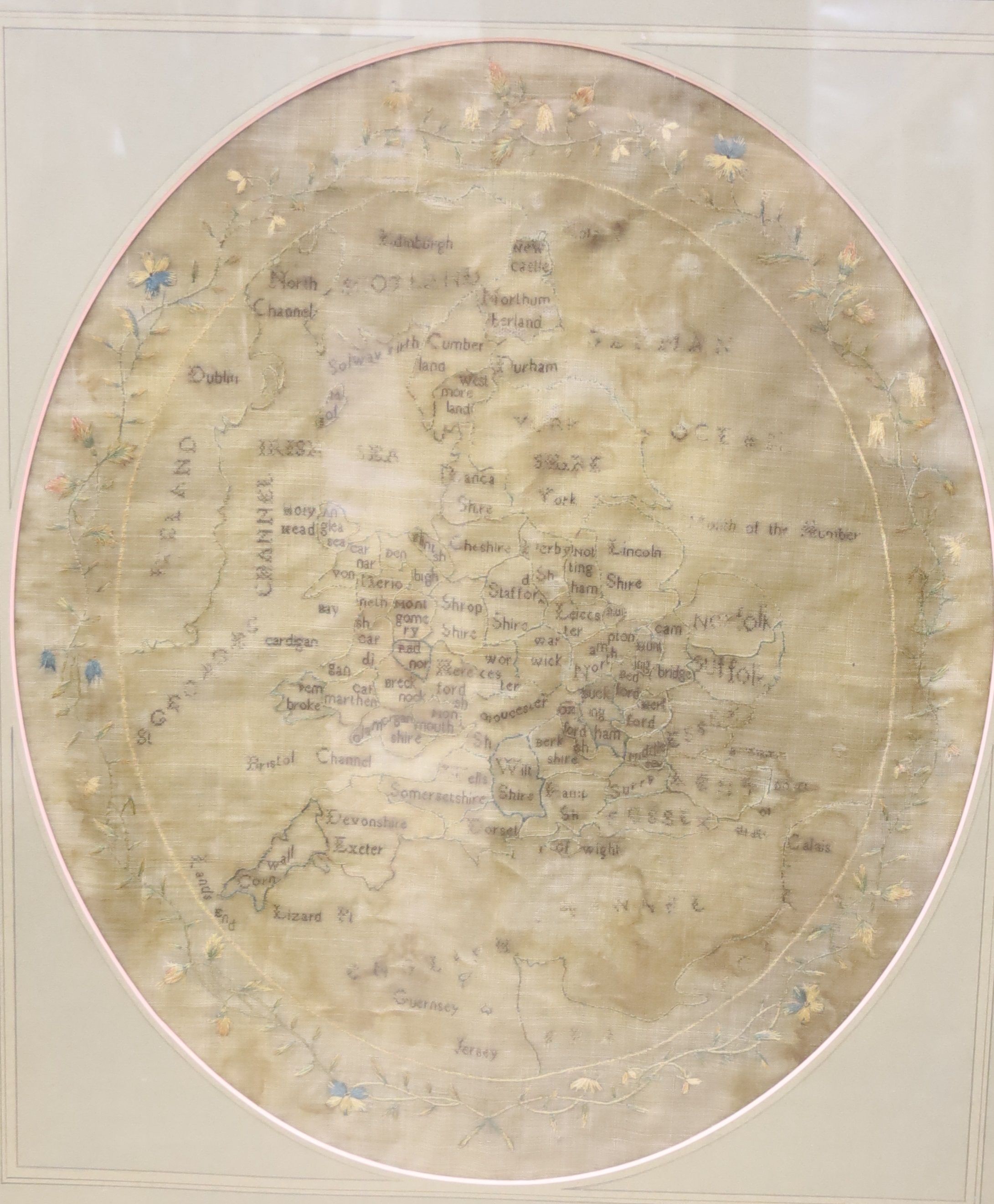 19th century embroidered map sampler, Britain and Wales